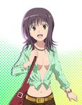  bag bracelet breasts brown_eyes cleavage highres itsuwa jewelry medium_breasts necklace no_bra open_mouth purple_hair short_hair smile smile_(rz) solo to_aru_majutsu_no_index 