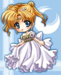  back_bow bare_shoulders bishoujo_senshi_sailor_moon blonde_hair blue_background blue_eyes blush bow crescent double_bun dress earrings facial_mark forehead_mark full_body jewelry lowres no_nose princess_serenity shirataki_kaiseki short_hair short_twintails solo strapless strapless_dress tsukino_usagi twintails white_dress younger 