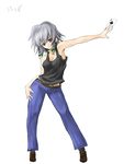  absurdres ace_of_spades blue_eyes braid card denim highres holding holding_card izayoi_sakuya jeans memento_vivi pants short_hair silver_hair simple_background solo tank_top touhou twin_braids white_background 