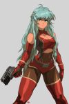  2018 90s ahoge aqua_eyes aqua_hair bangs bare_shoulders belt belt_buckle boots borrowed_character braid breasts brown_legwear buckle center_opening cleavage cleavage_cutout commentary commission cowboy_shot david_liu elbow_gloves english_commentary eyebrows_visible_through_hair french_braid gloves grey_background gun handgun highres holding holding_gun holding_weapon large_breasts long_hair midriff original pantyhose pistol red_footwear red_shorts serious short_shorts shorts solo standing tan thigh_boots thighhighs toned trigger_discipline weapon 
