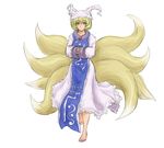  barefoot blonde_hair dress fox_tail full_body hands_in_opposite_sleeves hat highres kuro_suto_sukii multiple_tails short_hair simple_background smile solo tabard tail touhou white_background yakumo_ran yellow_eyes 