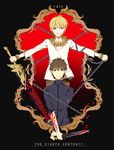  azoth_knife blonde_hair bracelet brown_eyes brown_hair chain command_spell cross cross_necklace dagger ea_(fate/stay_night) fate/zero fate_(series) gilgamesh jewelry kotomine_kirei male_focus multiple_boys naname13 necklace red_eyes spoilers weapon 