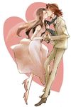  1girl bad_id bad_pixiv_id brown_eyes brown_hair couple dancing dress facial_hair heart hetero high_heels husband_and_wife kaburagi_t_kotetsu kaburagi_tomoe kiss long_hair necktie necktie_grab neckwear_grab shoes stubble tiger_&amp;_bunny usagic veil 