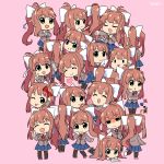  6+girls :3 :d :o ;p ^_^ artist_name black_legwear blue_skirt book bow brown_hair chibi closed_eyes commentary cupcake doki_doki_literature_club english_commentary eyebrows_visible_through_hair eyes_closed facing_away facing_viewer food glitch green_eyes hair_bow hair_ribbon heart index_finger_raised jacket lareindraws letter long_hair looking_at_another looking_at_viewer looking_away love_letter monika_(doki_doki_literature_club) multiple_girls multiple_persona one_eye_closed open_mouth pen pink_background ponytail red_bow ribbon school_uniform self_shot shaded_face simple_background skirt smile thighhighs tongue tongue_out v very_long_hair white_ribbon writing |_| 