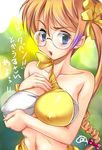  :o aquarion_(series) aquarion_evol bare_shoulders blonde_hair blue_eyes bow breasts collarbone covered_nipples glasses hair_bow large_breasts long_hair looking_at_viewer mix_(aquarion) navel oda_(orz) side_ponytail solo translated upper_body 