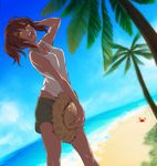  beach brown_eyes brown_hair crab fate/zero fate_(series) hat long_hair motsu_(kk_3) palm_tree ponytail shirley_(fate/zero) shorts solo straw_hat sun_hat tank_top tree 