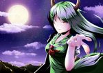  breasts cleavage dress ex-keine full_moon green_hair highres horns kamishirasawa_keine lips long_hair medium_breasts moon mountain night night_sky pointing red_eyes sky slit_pupils solo star_(sky) starry_sky touhou turn-a 