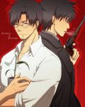  bad_id bad_pixiv_id black_eyes black_hair cigarette dann1230 emiya_kiritsugu emiya_norikata facial_hair fate/zero fate_(series) father_and_son glasses gun male_focus multiple_boys plant potted_plant red_background stubble time_paradox weapon 