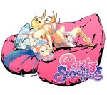  arched_back back chantilly copyright_name heart long_hair lying multiple_girls one_eye_closed panty_&amp;_stocking_with_garterbelt panty_(psg) single_thighhigh stocking_(psg) striped striped_legwear thighhighs white_background 
