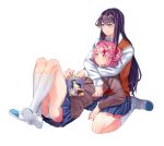  2girls blue_skirt blush book commentary crossed_ankles crossed_arms doki_doki_literature_club eyebrows_visible_through_hair frown full_body grey_jacket gyger_been hair_between_eyes hair_ornament hair_ribbon hairclip highres hug hug_from_behind jacket kneehighs long_hair long_sleeves lying manga_(object) multiple_girls natsuki_(doki_doki_literature_club) panties pantyshot pink_eyes pink_hair pleated_skirt purple_eyes purple_hair reading red_ribbon ribbon school_uniform shirt shoes short_hair simple_background sitting skirt two_side_up underwear uwabaki very_long_hair white_background white_footwear white_legwear white_panties white_shirt yuri_(doki_doki_literature_club) 