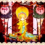  blonde_hair bonnet candeloro candeloro's_familiars chain colorful cup dress finger_to_mouth mahou_shoujo_madoka_magica personification sencha_(coldcolor) sleeves_past_wrists teacup tomoe_mami tray witch_(madoka_magica) yellow_eyes 