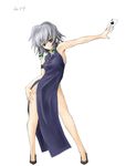  absurdres ace_of_spades armpits blue_eyes braid card china_dress chinese_clothes dress highres holding holding_card izayoi_sakuya memento_vivi short_hair side_slit silver_hair simple_background solo touhou twin_braids white_background 
