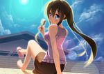  arm_support bad_id bad_pixiv_id bare_legs barefoot blue_eyes blue_sky blush breasts brick_wall brown_hair building cloud cloudy_sky day food holding house ice_cream lens_flare long_hair looking_back medium_breasts original ponytail raivu sandals shoes single_shoe sitting skirt sky solo 