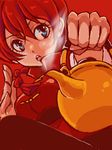  :o amelie blue_eyes braid chinese_clothes close-up eyelashes genderswap genderswap_(mtf) kettle ranma-chan ranma_1/2 red red_background red_hair saotome_ranma shirt single_braid solo steam tangzhuang 