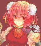  :3 bandages breasts bun_cover china_dress chinese_clothes double_bun dress flower ibaraki_kasen medium_breasts red_eyes red_hair rose shisei_(kyuushoku_banchou) solo touhou 