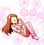  armband brown_eyes brown_hair character_name doily doll_hug hair_flip hair_ornament high_heels idolmaster idolmaster_(classic) jewelry long_hair minase_iori necklace nightea one_eye_closed pants pink_diamond_765 pink_pants shoes sleeveless solo stuffed_animal stuffed_bunny stuffed_toy 