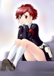  armband breasts evoker female_protagonist_(persona_3) hair_ornament hair_up headphones highres holster listening_to_music looking_at_viewer medium_breasts panties pantyshot pantyshot_(sitting) persona persona_3 persona_3_portable red_eyes red_hair school_uniform sitting sitting_on_stairs smile socks solo stairs underwear white_legwear yaso_shigeru 