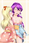  blonde_hair blue_eyes blush breasts brown_eyes fingering highres licking medium_breasts multiple_girls nipples open_mouth purple_hair ribbon saliva sugiura_ayano symbol-shaped_pupils tongue toshinou_kyouko yuri yuru_yuri 