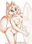  canine female fox green_eyes hair looking_at_viewer mammal nipples nude plain_background pussy solo surfboard white_background xianjaguar 