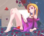  bare_legs barefoot bed blonde_hair censored convenient_censoring dress flower hair_up long_hair nightgown off_shoulder petals purple_eyes sitting solo tatwuku touhou yakumo_yukari 