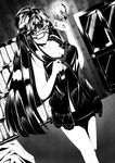  absurdres adjusting_eyewear babydoll bespectacled breasts candle cleavage crescent glasses greyscale hair_ornament highres lace long_hair medium_breasts monochrome patchouli_knowledge smile solo star touhou turn-a 