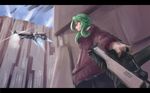  arceonn city cyberpunk foreshortening green_hair gumi gun handgun left-handed letterboxed long_hair pantyhose pistol red_eyes science_fiction solo space_craft sweater vocaloid weapon 