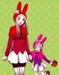  animal_ears animal_hat bad_id bad_pixiv_id basket boots bunny_ears cosplay fake_animal_ears fate/zero fate_(series) hat illyasviel_von_einzbern irisviel_von_einzbern itou_(itsuko) long_hair mother_and_daughter multiple_girls my_melody my_melody_(cosplay) onegai_my_melody pantyhose red_eyes thigh_boots thighhighs white_hair 