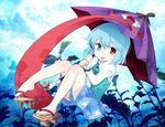  :p barefoot blue_eyes blue_hair flying geta heterochromia karakasa_obake looking_at_viewer purple_umbrella red_eyes short_hair skirt solo tarabagani tatara_kogasa tongue tongue_out touhou umbrella 