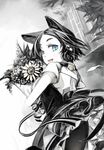  animal_ears blue_eyes bouquet cat_ears flower highres looking_back monochrome original pantyhose solo spot_color yunar 