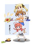  blonde_hair blue_eyes blush braid brown_hair fate_testarossa lyrical_nanoha mahou_shoujo_lyrical_nanoha mahou_shoujo_lyrical_nanoha_a's multiple_girls open_mouth orange_shirt purple_eyes raising_heart red_eyes red_hair shinozuki_takumi shirt short_hair smile tail tail_wagging takamachi_nanoha thighhighs translated twin_braids twintails vita 