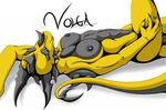  anthro black_nipples blue_eyes breasts claws dragon female grey horn kurtassclear muscles muscular_female nipples nude piercing scalie solo yellow yellow_body 