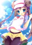  bad_id bad_pixiv_id blue_eyes blush brown_hair cloud day legwear_under_shorts long_hair mei_(pokemon) navel pantyhose pokemon pokemon_(game) pokemon_bw2 raglan_sleeves shiratama_(shiratamaco) shorts sky solo twintails visor_cap 