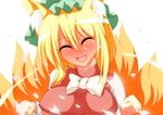  animal_ears blonde_hair blush bow breasts chen chen_(cosplay) cosplay fox_ears fox_tail full-face_blush hat head_tilt large_breasts merry_(diameri) multiple_tails paw_pose petals shirt short_hair smile solo tail touhou underboob undersized_clothes yakumo_ran 