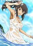  banboro_(technobot) breasts brown_eyes brown_hair cleavage dress fate/zero fate_(series) jewelry large_breasts necklace ponytail see-through shirley_(fate/zero) water wet wet_clothes wet_dress 