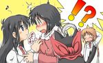  3girls black_eyes black_hair blonde_hair blue_eyes blush breast_grab cat closed_eyes gaketsu grabbing labcoat long_hair multiple_girls musical_note nichijou open_mouth professor_shinonome sakamoto_(nichijou) shinonome_nano short_hair smile surprised winding_key 