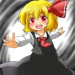  aa_hito blonde_hair dress_shirt fingernails foreshortening gradient gradient_background hair_ribbon long_sleeves necktie no_nose open_hand open_mouth outstretched_arms red_eyes red_neckwear ribbon rumia shirt short_hair simple_background skirt solo teeth tongue touhou vest 