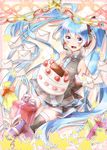  bad_id bad_pixiv_id blue_eyes blue_hair cake detached_sleeves envelope food fruit gift hatsune_miku headset highres long_hair looking_at_viewer necktie open_mouth paper_chain sakuragi_ren skirt solo star strawberry thighhighs twintails very_long_hair vocaloid 