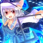  animal_ears arms_up bow dowsing_rod dress gem grey_dress grey_hair jewelry kozakura_(dictionary) lights mouse_ears mouse_tail nazrin necklace open_mouth pendant red_eyes short_hair solo tail touhou 