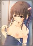  bad_id bad_pixiv_id big_wednesday breasts brown_eyes brown_hair collarbone hair_bobbles hair_ornament looking_at_viewer nipples one-piece_swimsuit photokano recording sakura_mai_(photokano) small_breasts solo swimsuit swimsuit_pull twintails undressing viewfinder 
