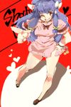  bell blue_hair character_name chinese_clothes double_bun dress hand_on_hip heart iroyopon one_eye_closed pink_skirt pointing ranma_1/2 red_background shampoo_(ranma_1/2) short_dress side_slit skirt solo 