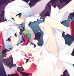  2girls apron bat_wings blue_eyes blush commentary_request couple grey_hair hat holding_hands interlocked_fingers izayoi_sakuya light_purple_hair maid_headdress motomiya_mitsuki multiple_girls red_eyes remilia_scarlet short_hair smile touhou waist_apron wings yuri 
