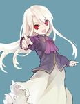 bad_id bad_pixiv_id blue_background fate/stay_night fate_(series) illyasviel_von_einzbern long_hair pointing red_eyes simple_background solo soto white_hair 