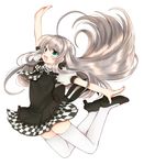  :d ahoge bad_id bad_pixiv_id blush checkered checkered_skirt green_eyes haiyore!_nyaruko-san huge_ahoge jumping long_hair nyarlathotep_(nyaruko-san) open_mouth outstretched_arms school_uniform silver_hair skirt smile solo spread_arms thighhighs tsukudani_norio white_legwear 