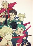  4boys ahoge archer artoria_pendragon_(all) black_hair blonde_hair blue_hair brown_eyes dress fate/stay_night fate/zero fate_(series) gae_bolg gilgamesh green_eyes gun handgun highres lancer lancer_(fate/zero) long_hair mole mole_under_eye multiple_boys pistol polearm ponytail red_eyes revolver rifle rocket_launcher saber spear tacoco weapon white_hair yellow_eyes 