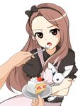  bad_id bad_pixiv_id bow brown_eyes brown_hair cake crossed_arms feeding food hairband highres idolmaster idolmaster_(classic) long_hair minase_iori mobu_(nonoichi) open_mouth out_of_frame pov pov_hands solo_focus stuffed_animal stuffed_bunny stuffed_toy sweatdrop transparent_background 