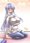  alternate_costume barefoot bespectacled blue_hair blush breasts casual contemporary covered_nipples denim glasses heart highres jeans kamishirasawa_keine large_breasts long_hair mimikaki multicolored_hair no_hat no_headwear oohira_sunset pants ribbed_sweater seiza sitting solo sweater touhou two-tone_hair very_long_hair 