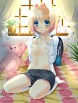  ayakichi backpack bag blonde_hair blue_eyes blush hair_intakes looking_at_viewer male_focus nipples open_clothes open_shirt original randoseru seiza shirt shorts sitting socks solo stuffed_animal stuffed_bunny stuffed_toy sunlight white_legwear 