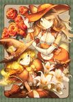  adapted_costume alternate_costume alternate_headwear bad_id bad_pixiv_id blonde_hair bow bowtie brown_hair buckle capelet elbow_gloves flower frame gloves hair_tubes hakurei_reimu hat kirisame_marisa lily_(flower) multiple_girls rose tomomo touhou witch witch_hat 