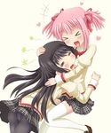  &gt;_&lt; :d =_= akemi_homura ass black_hair black_legwear blush bow closed_eyes drooling hair_ribbon heart heart_in_mouth hug kaname_madoka long_hair mahou_shoujo_madoka_magica multiple_girls open_mouth panties panties_under_pantyhose pantyhose pink_hair ribbon school_uniform short_hair short_twintails skirt smile thighhighs twintails underwear white_legwear xd yoshitani_(aminosan) 