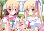  :3 agekichi_(heart_shape) bad_id bad_pixiv_id blonde_hair blush bow collaboration feeding food frown green_eyes hair_bow hair_ornament hair_ribbon hairclip ichiroku kuu_(agekichi) long_hair multiple_girls obentou onigiri original pov_feeding puffy_short_sleeves puffy_sleeves purple_eyes ribbon school_uniform sena_(ichiroku) serafuku short_sleeves tako-san_wiener twintails 